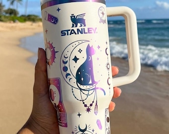 Personalized Black Cat 40oz Tumbler, Custom Celestial Cats Iridescent Laser Engraved Cup