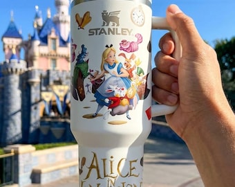 Tazza termica da 40 once a tema Paese delle Meraviglie, Disney, Alice, Gatto del Cheshire, Cappellaio Matto.