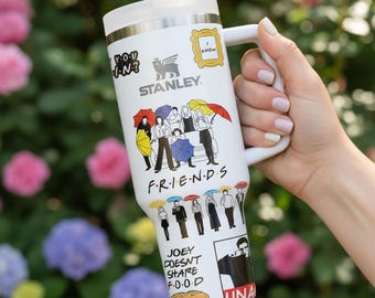 Bicchiere termico da 1,2 litri (40 oz) con manico, personalizzato con stampa a sublimazione, a tema Friends.