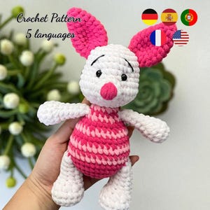 Patrón de crochet de cerdito en PDF, patrón de cerdito amigurumi de peluche, descarga digital en inglés, español, alemán, francés y portugués.
