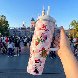 May include: A large, pink and white checkered Stanley tumbler with a white handle and straw. The tumbler features Minnie Mouse graphics with Christmas themes. The Stanley logo is visible on the side.