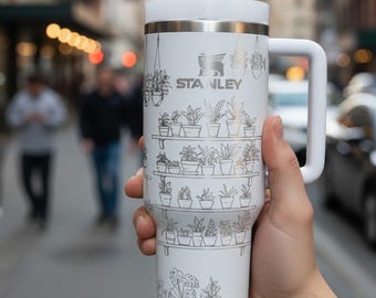 Plant Shelves Laser Engraved 40oz Tumbler, Cozy Botanical Bookshelf Cup, Plant Lover Gift