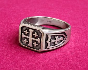 Jerusalem Cross Ring for Men, 925 Sterling Silver Christian Signet Rings, Gothic Cross Jewelry, Gift For Him
