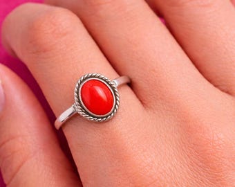 Coral Ring-handmade Silver Ring-925 Sterling Silver Ring-oval