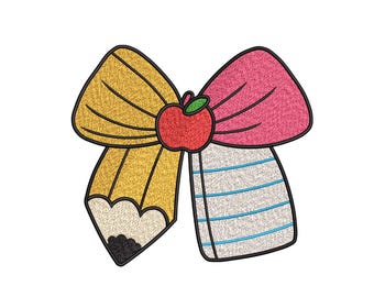 Teacher Pencil Bow Embroidery Design: Apple, Notebook Paper (Digital Download)