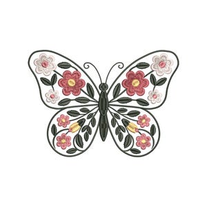 May include: Embroidered butterfly design featuring pink and white flowers with yellow centers, and dark green leaves. The butterfly's body and outline are dark green. The design is on a white background.
