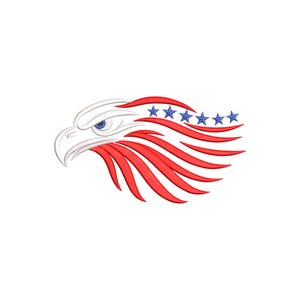 May include: Embroidered design of an eagle's head in profile, featuring red and white feathers and blue stars. The eagle has a stern expression with a blue eye. The design is likely for patriotic or Americana-themed products.
