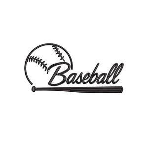Puede incluir: Gráfico negro con temática de béisbol que presenta una pelota, un bate y la palabra "Baseball" en una fuente cursiva. La pelota está detallada con costuras, y el bate está posicionado horizontalmente debajo de la palabra. El diseño está sobre un fondo blanco.