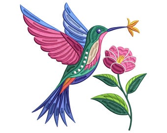 Hummingbird Embroidery Design, Colorful Bird & Flower, Nature Floral Style
