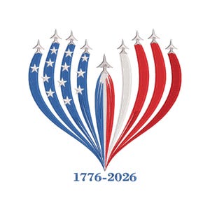 May include: A patriotic design featuring a heart-shaped arrangement of blue, white, and red stripes and stars, with silver accents at the top. The image includes the text "1776-2026" at the bottom, celebrating a significant historical period.