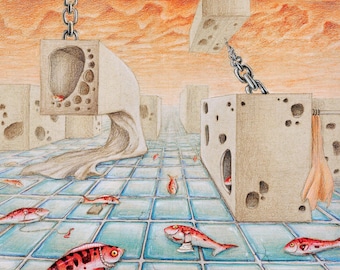 Impresión artística original “Concrete Coral”, impresión artística de dibujo original a lápiz de color sobre papel entonado