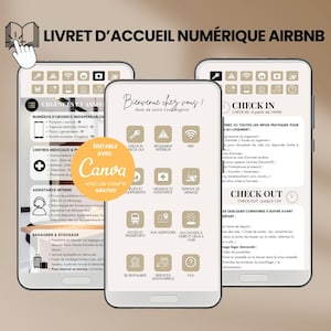 Peut inclure: Trois smartphones affichant un livret d'accueil numérique Airbnb. Les écrans présentent des informations sur les numéros d'urgence, l'enregistrement, le départ et d'autres services. Le design est beige et blanc avec des icônes.
