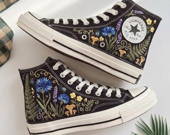 Hand Embroidered Wildflower Converse | Cornflower Floral Sneakers | Cottagecore Shoes | Botanical Custom Converse Gift