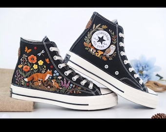 Hand Embroidered Fox Owl Converse Sneakers | Woodland Cottagecore Forest Animals