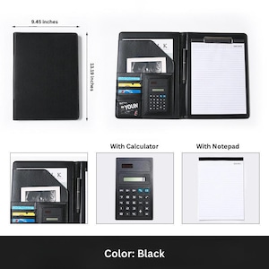 May include: Black business portfolio, measuring 9.45 x 13.19 inches, with a calculator and notepad. The interior includes card slots and document pockets. The portfolio is open, revealing the interior. The color is black.