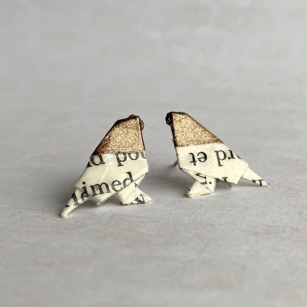 Bronze Headed Literary Origami Bird Post Earrings