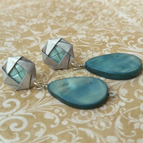 Blue and Silver Origami Camellia Teardrop Dangles
