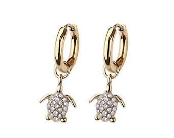 Sea Turtle Dangle Huggie Hoop Earrings – 316L Stainless Steel – Ocean Jewelry – Cartilage Hoop – Animal Earring – Beach Earrings