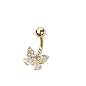 Butterfly Belly Button Ring - Butterfly Body Jewelry - CZ Stones - 316L Surgical Steel Navel Piercing - 14GA /10MM