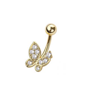 Butterfly Belly Button Ring - Butterfly Body Jewelry - CZ Stones - 316L Surgical Steel Navel Piercing - 14GA /10MM