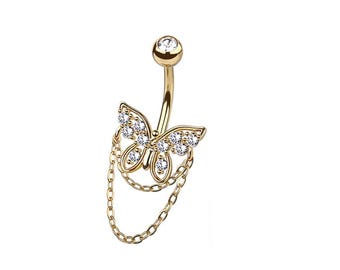 Butterfly Belly Button Ring - Dangle Belly Ring - CZ Stones - 316L Surgical Steel Navel Piercing - 14GA /10MM