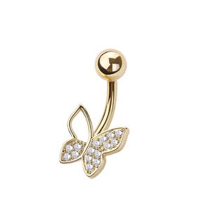 Butterfly Belly Button Ring - Butterfly Body Jewelry - CZ Stones - 316L Surgical Steel Navel Piercing - 14GA /10MM