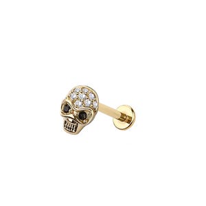 Micro Skull Threadless Labret – 316L Surgical Steel Push-In Flat Back Stud – Cartilage, Helix, Tragus - Gothic Earring - Halloween Jewelry