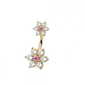 Flower Belly Button Ring - Floral Belly Ring - CZ Stones - 316L Surgical Steel Navel Piercing - 14GA /10MM - Dainty Navel Ring