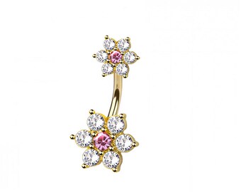 Piercing para el ombligo con diseño floral - Piedras de circonita - Acero quirúrgico 316L - Calibre 14/10 mm - Anillo delicado para el ombligo