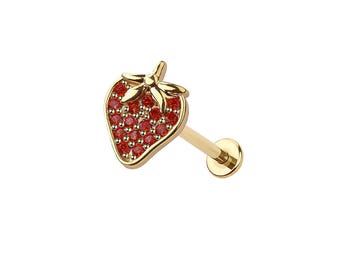 Micro Strawberry Threadless Labret – 316L Surgical Steel Push-In Flat Back Stud – Dainty Cartilage, Helix, Tragus, Lip Piercing Jewelry