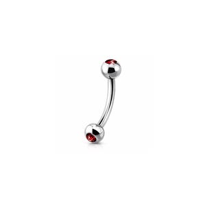 May include: A curved barbell body jewelry piece made of polished silver-toned metal. The barbell features two spherical ends, each set with a small, circular, deep red gemstone at the center, creating a symmetrical and reflective metallic design.