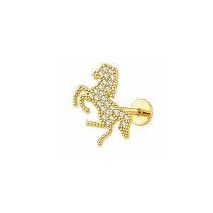 May include: A gold-toned stud earring featuring a rearing horse silhouette adorned with small, clear, sparkling stones. The piece includes a straight post and a flat, circular backing, designed for secure placement in a piercing.