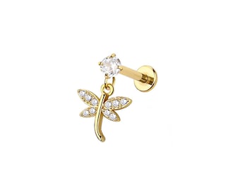 Dragonfly Threaded Labret Earring Stud – 316L Surgical Steel  – Dainty Cartilage, Helix, Tragus - Internally Threaded