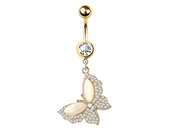 Butterfly Belly Button Ring - Dangle Belly Ring - CZ Stones - 316L Surgical Steel Navel Piercing - 14GA /10MM