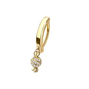May include: A gold-coloured belly button ring with a dangling charm. The charm is a small, round shape with a spiral design and is encrusted with small, clear gemstones. The ring has a curved bar.