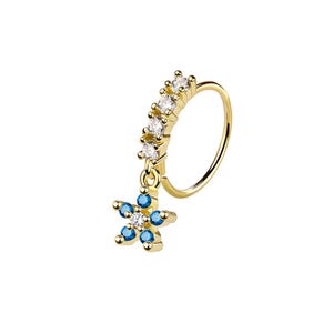 Flower Dangle Nose Ring – 316L Surgical Steel – Blue Gem Floral Nose Hoop - Dainty Nose Piercing Jewelry - Helix Piercing