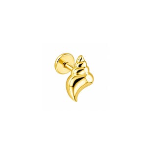 May include: A gold-toned stud earring featuring a polished, three-dimensional seashell design. The piece includes a flat circular backing attached to a straight post, with the shell element extending outward to create a detailed, curved silhouette.