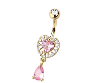 Piercing para ombligo con forma de corazón - Piedras de circonita rosa - Acero quirúrgico 316L - Calibre 14/10 mm