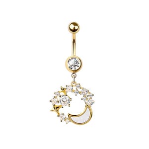 Crescent Moon & Stars Belly Button Ring - Celestial Dangle Belly Ring - CZ Stones / Opal - 316L Surgical Steel - 14GA /10MM