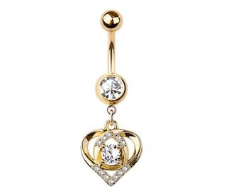 Piercing para ombligo con forma de corazón - Piercing para ombligo - Piedras de circonita - Acero quirúrgico 316L - Calibre 14/10 mm