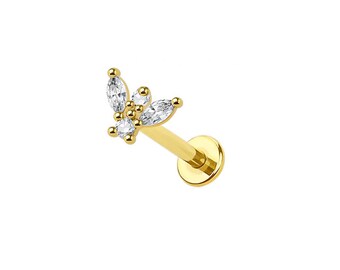 Labret sin rosca con microflor de marquesa – Piercing de acero quirúrgico 316L con presión y parte trasera plana – Joya delicada para piercing de cartílago, hélix, trago y labio