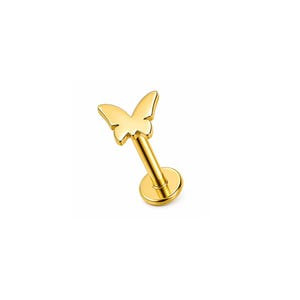 May include: A gold-colored flat back labret stud featuring a butterfly-shaped top. The jewelry piece consists of a thin post, a circular base, and a butterfly ornament at the end, all finished in a polished, reflective metallic gold tone.