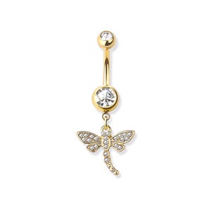 Dragonfly Belly Button Ring - Dragonfly Dangle Belly Ring - CZ Stones - 316L Surgical Steel Navel Piercing - 14GA /10MM