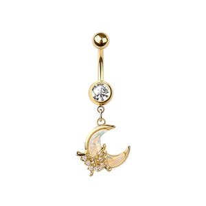 Crescent Moon & Butterfly Belly Button Ring - Celestial Dangle Belly Ring - CZ Stones / Opal - 316L Surgical Steel - 14GA /10MM