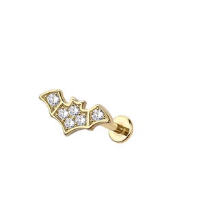 Draadloos labret microvleermuis – 316L chirurgisch staal push-in platte achterkant – sierlijk kraakbeen, helix, tragus – Halloween-sieraden – dierenstekers