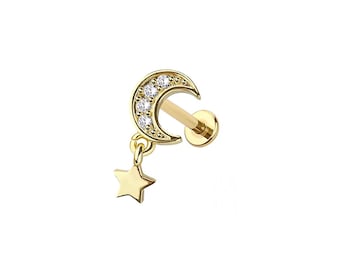 Piercing labret sem rosca Micro Crescent Moon & Star – Aço cirúrgico 316L com encaixe plano – Delicado piercing para cartilagem, hélice, tragus e lábio
