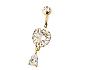 Piercing para ombligo con forma de corazón - Piercing para ombligo - Piedras de circonita - Acero quirúrgico 316L - Calibre 14/10 mm