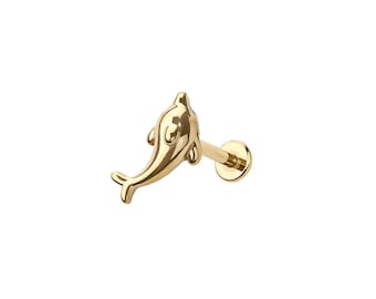 Micro Dolphin Threadless Labret – 316L Surgical Steel Push-In Flat Back Stud – Dainty Cartilage, Helix, Tragus - Dolphin Earring