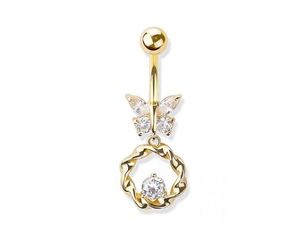 Butterfly Belly Button Ring - Dangle Belly Ring - CZ Stones - 316L Surgical Steel Navel Piercing - 14GA /10MM