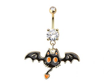 Bat Belly Button Ring - Dangle Navel Ring - CZ Stones - 316L Surgical Steel Navel Piercing - 14GA /10MM - Halloween Jewelry
